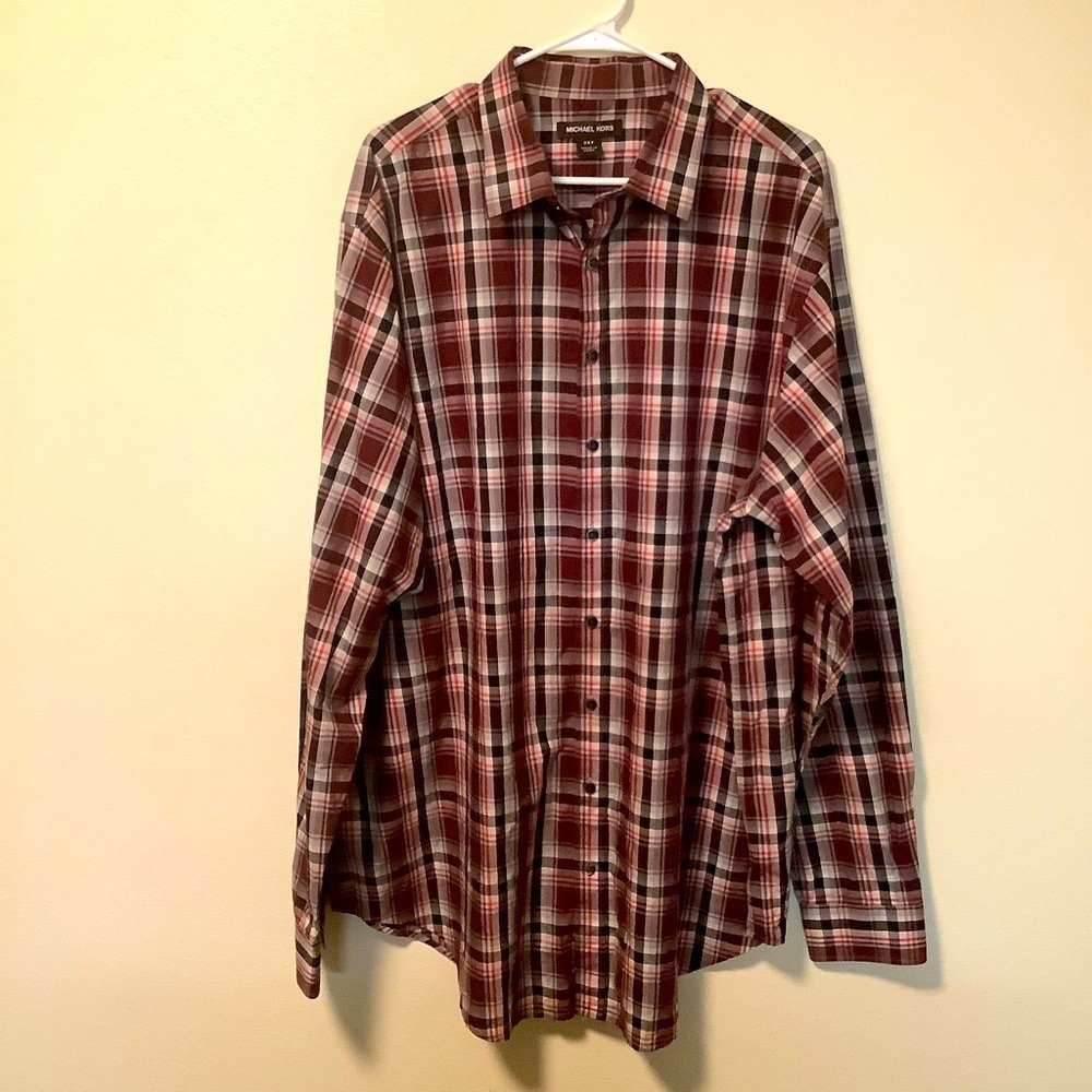 Michael Kors Mens 2XT Plaid Button Down Shirt Burgundy Grey Cotton Long Sleeve